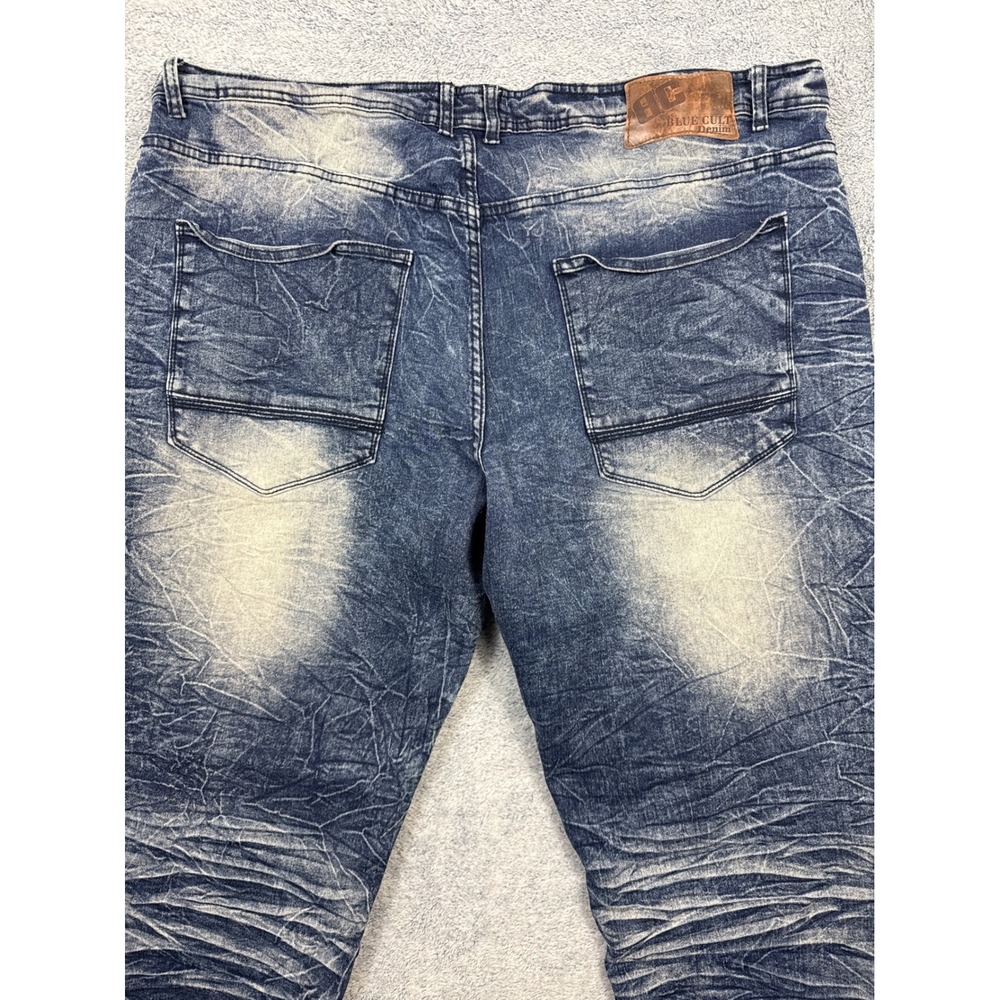 Blue Cult Mens 44 Blue Acid Wash Moto Denim Jeans Whiskered Crinkled Streetwear - Picture 10 of 16